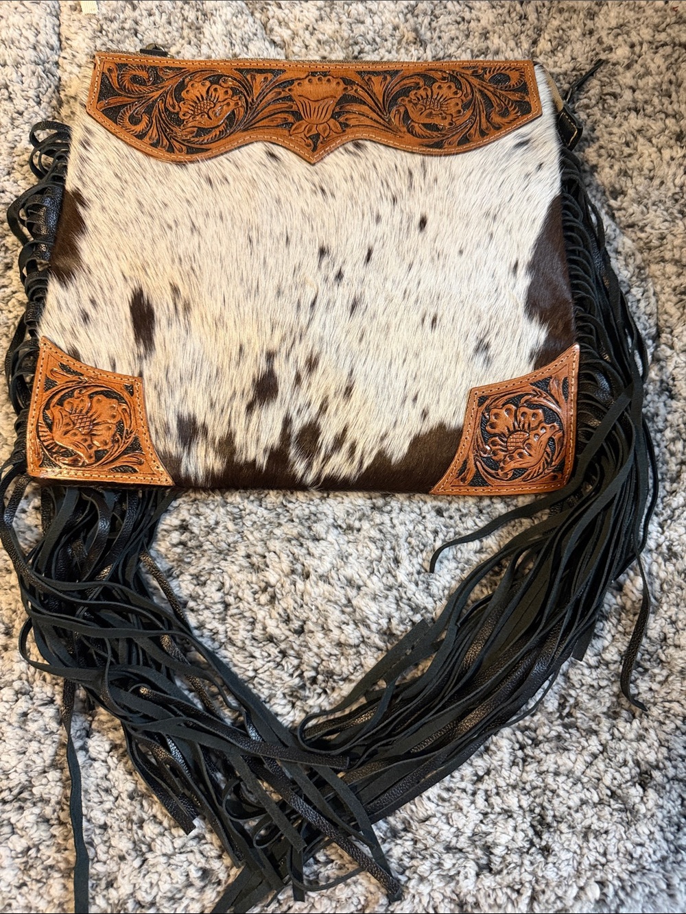 Myra Bag White & Brown Tooled Cowhide Fringe Crossbody